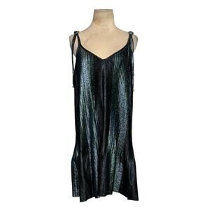 Adam Selman black silver metallic pleated slip mini dress size Small